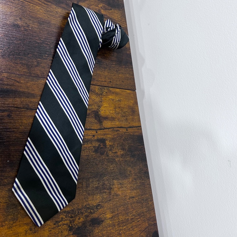J.Crew Mens Repp Stripe Silk Tie Dark Green Navy Blue White Hand Made